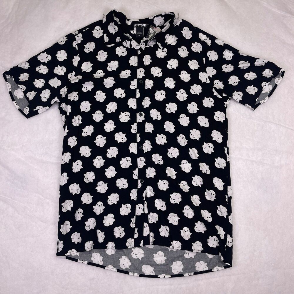 Hot Topic Cute Ghost Resort Short Sleeve Button Down Shirt Unisex Large Black